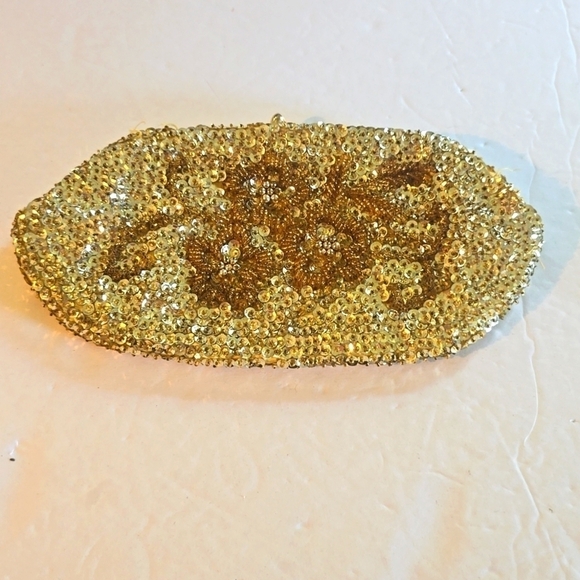 Micheri Gold Sequin BEADED Sparkle Vintage British MEDIUM clutch Handmade - Picture 4 of 8